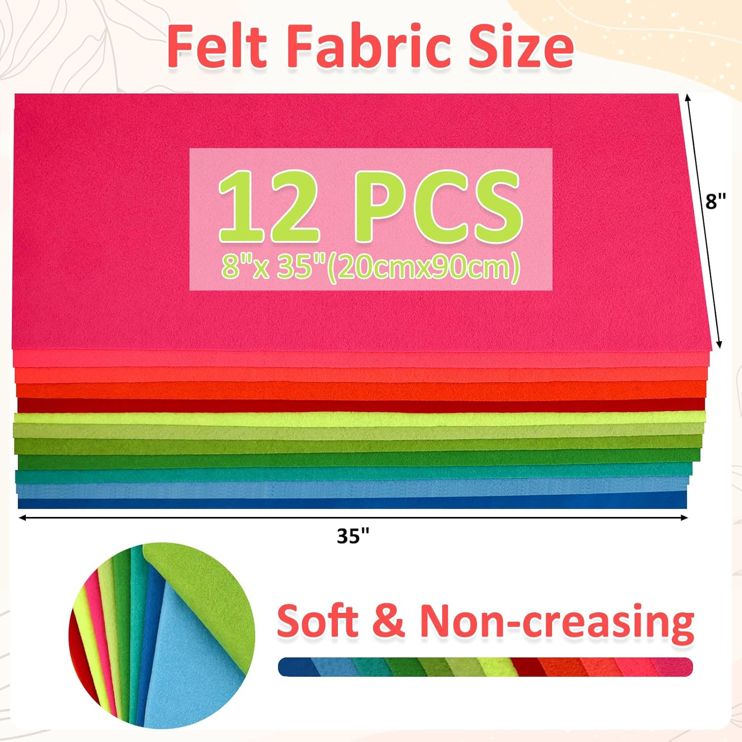 12 Rolls 8″X35″(20.5X90Cm) 1.4Mm Thick Soft Felt Fabric Sheet 12 Assorted Neon S