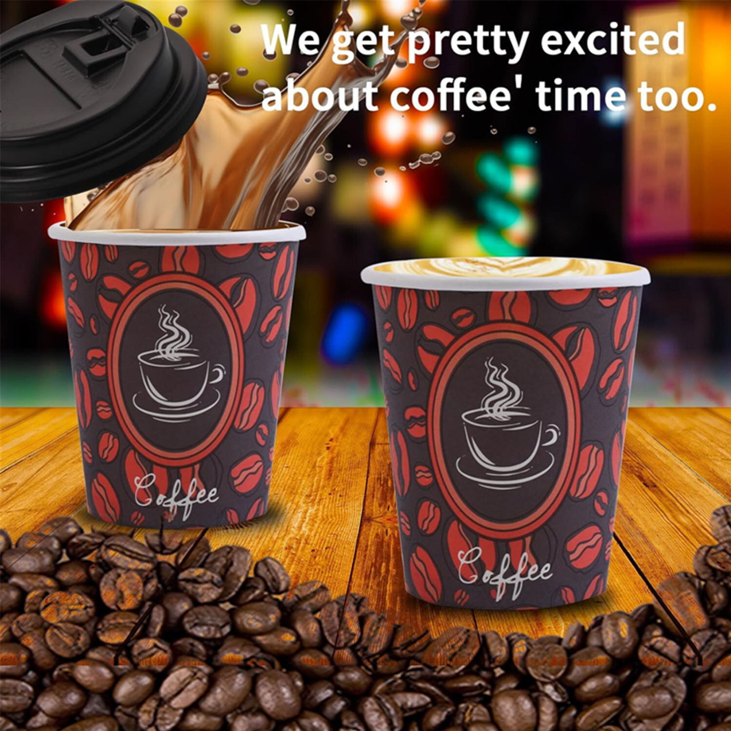 8oz Disposable Paper Cups w/ Lid Coffee Bean Design Cold/Hot Drinks 50-1000 Pack