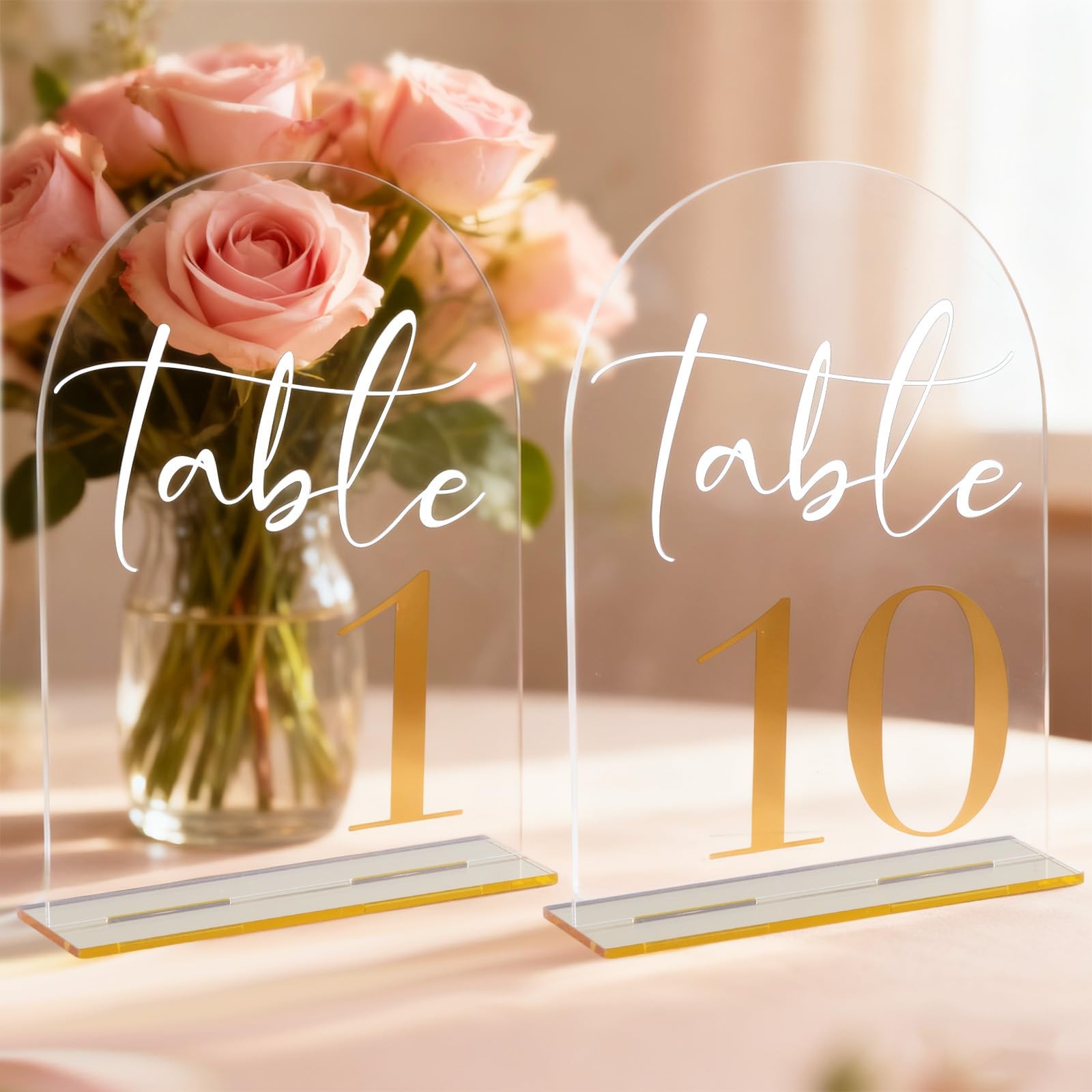 110 Clear Acrylic Arch Wedding Table Numbers Signs Gold Font Set 5×7 Inch