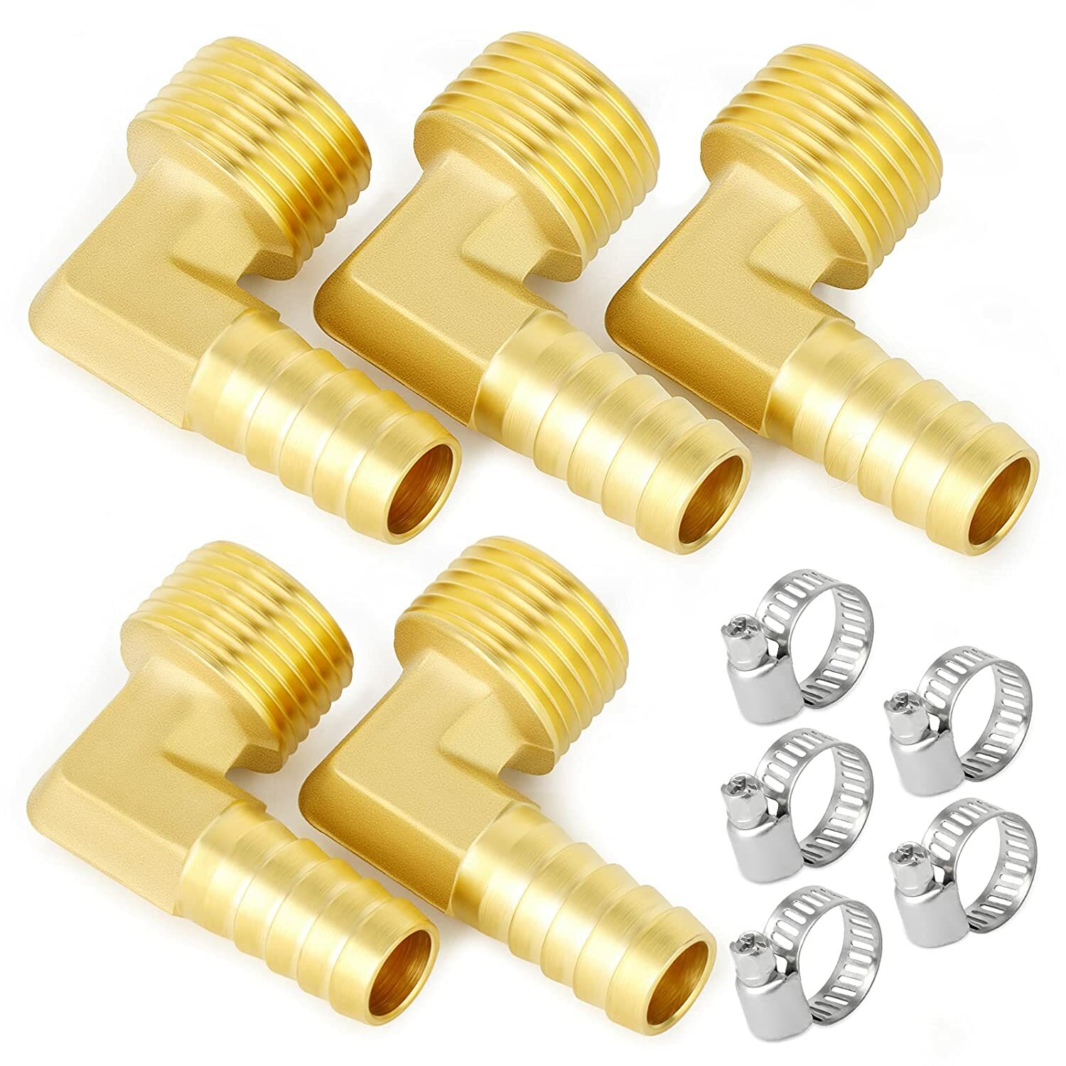 5 Pieces Brass Hose Barb Reducer 90 Degree Elbow 3/8 Inch NPT to 3/8 Inch Barb