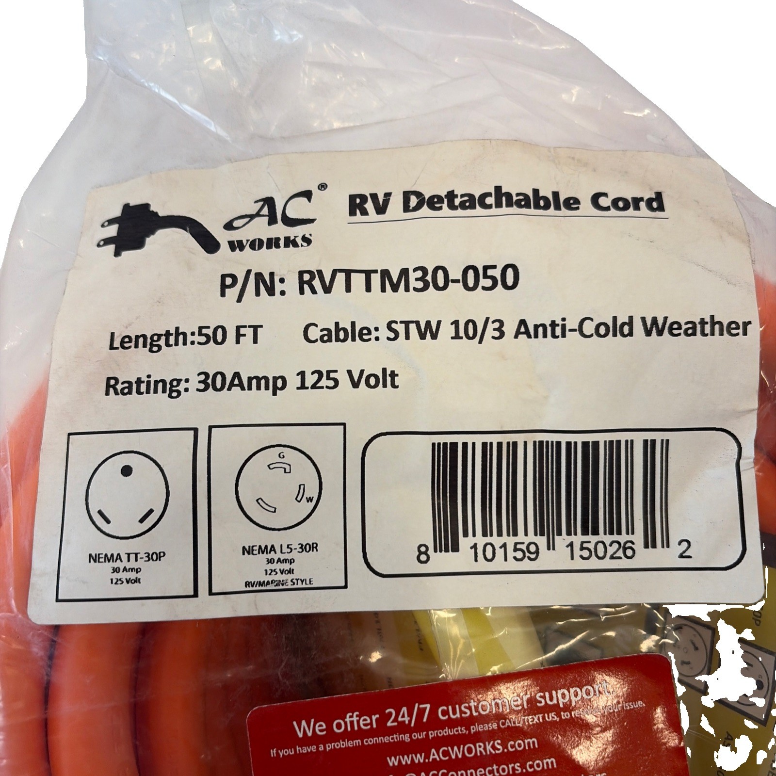 AC WORKS 50ft 30A 125V RV/Marine Adapter Cord – TT-30P to L5-30R