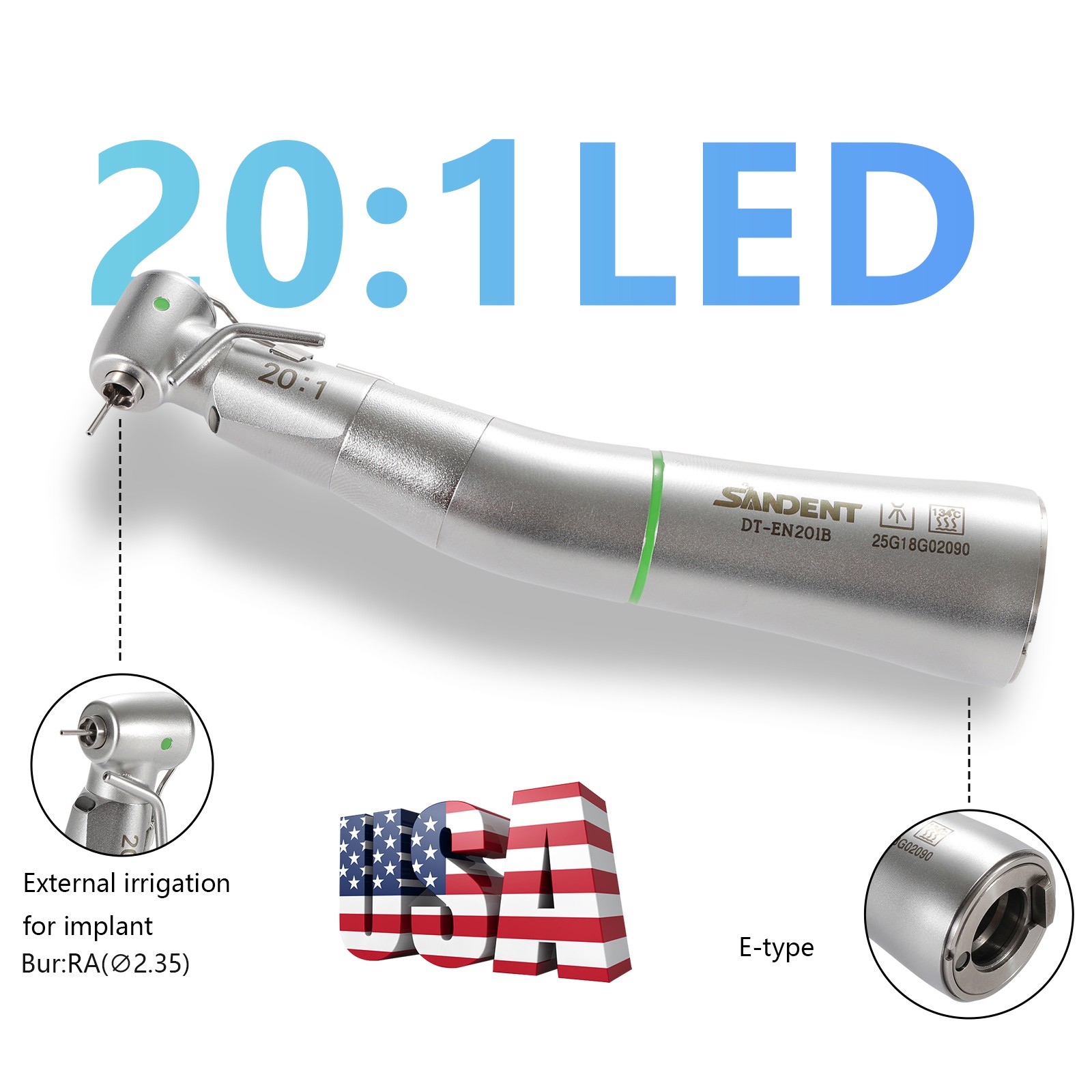 LED SANDENT 20:1 Contra Angle Fiber Optic Electric Handpiece External Spray