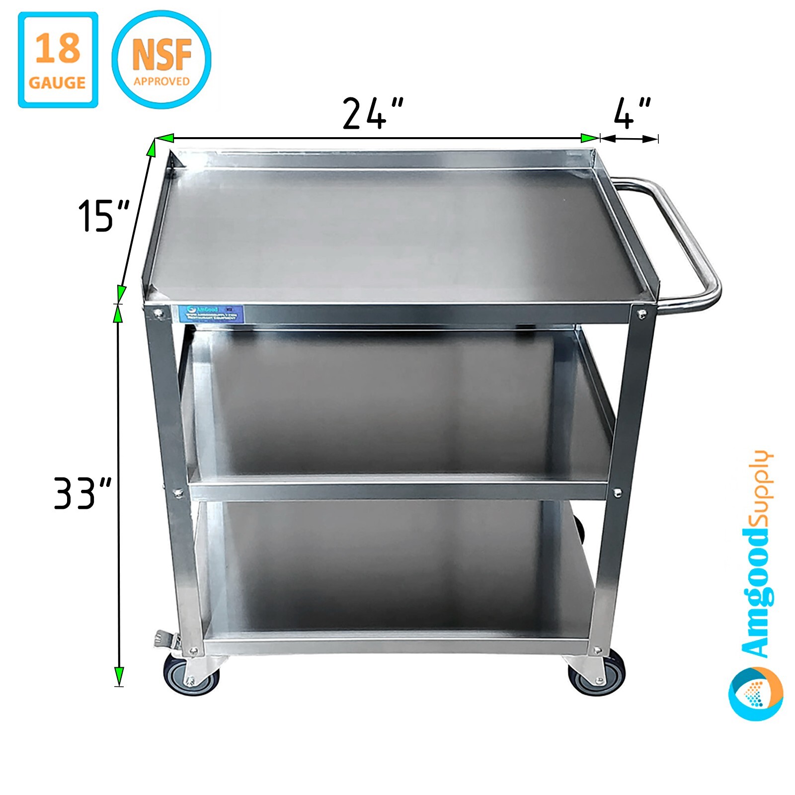 15 in. x 24 in. x 33 in. Stainless Steel 3-Shelf Utility Cart
