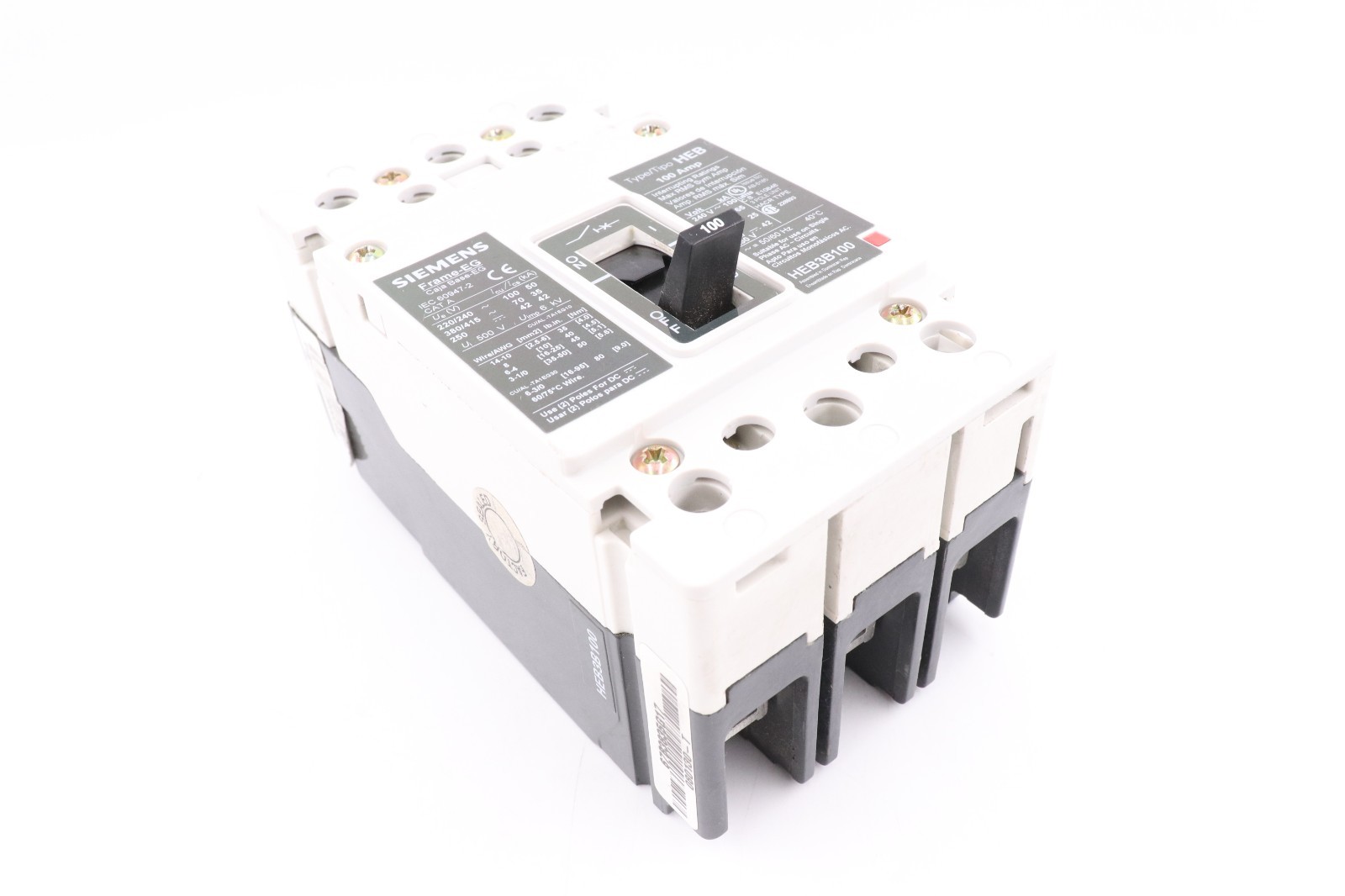SIEMENS HEB3B100 100A 3-POLE HEB CIRCUIT BREAKER, 65KA@480V HACR