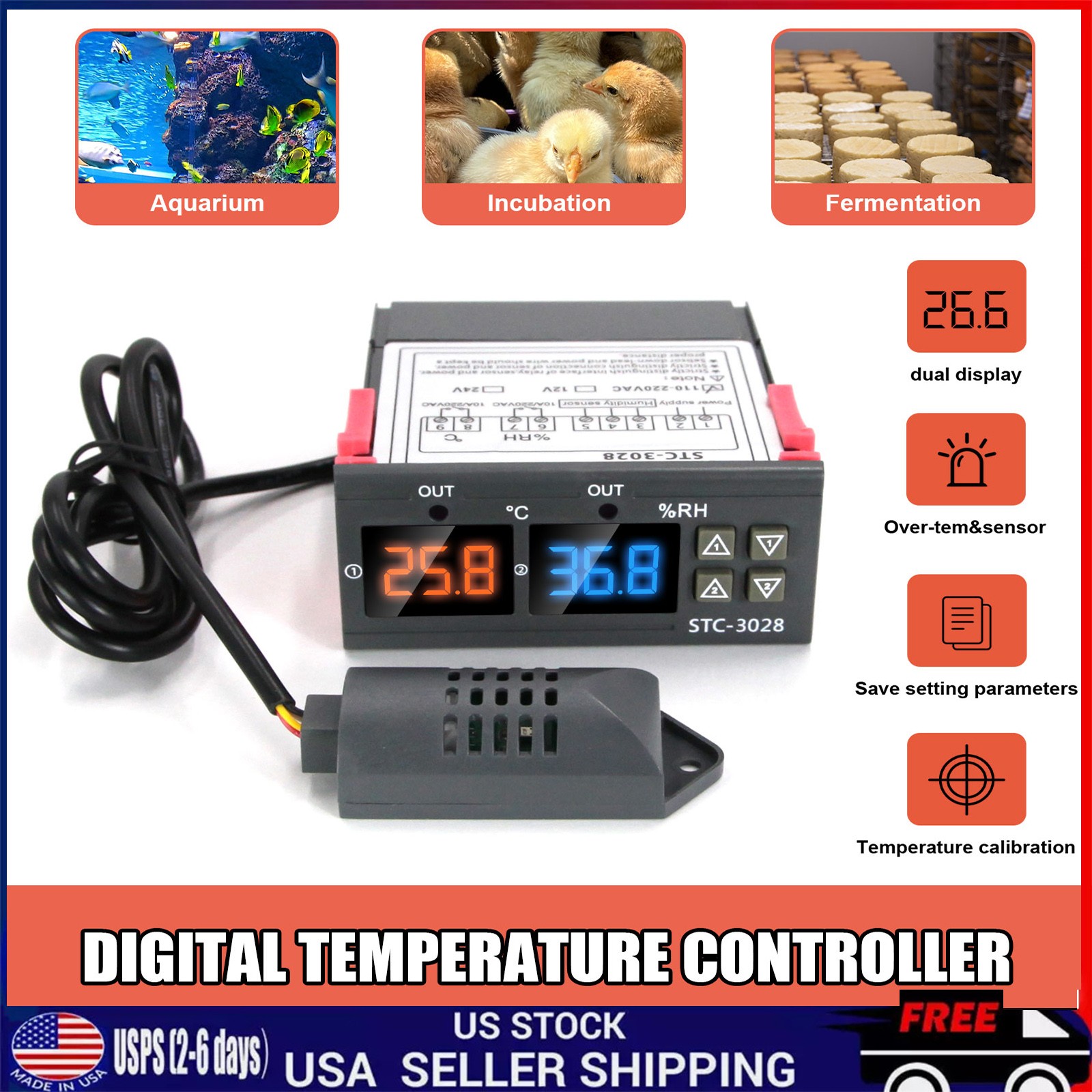 STC-3028 Dual LCD Digital Thermostat Temperature Humidity Controller AC110-220V