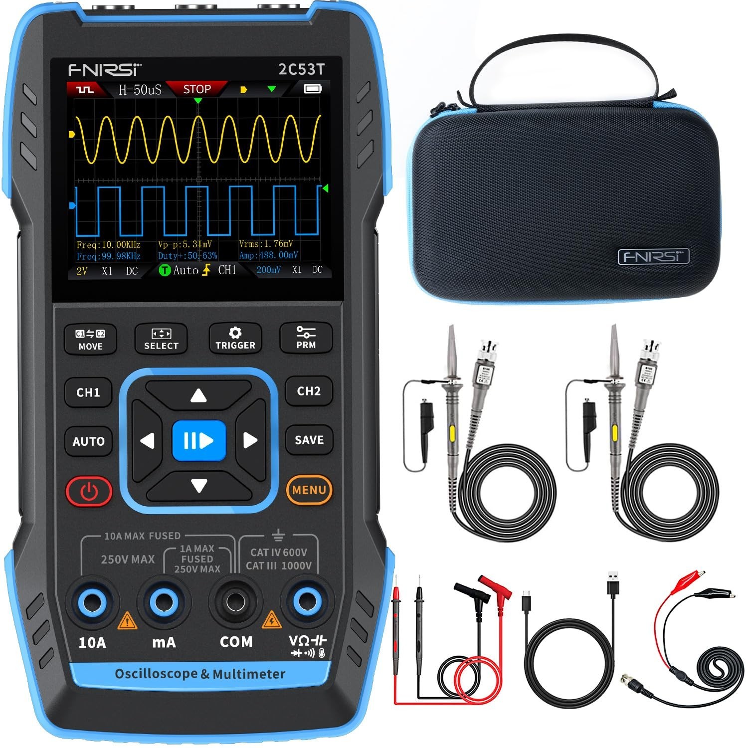 3-in-1 50MHz Oscilloscope Multimeter Signal Generator | 250MSa/s, 19999 Counts,