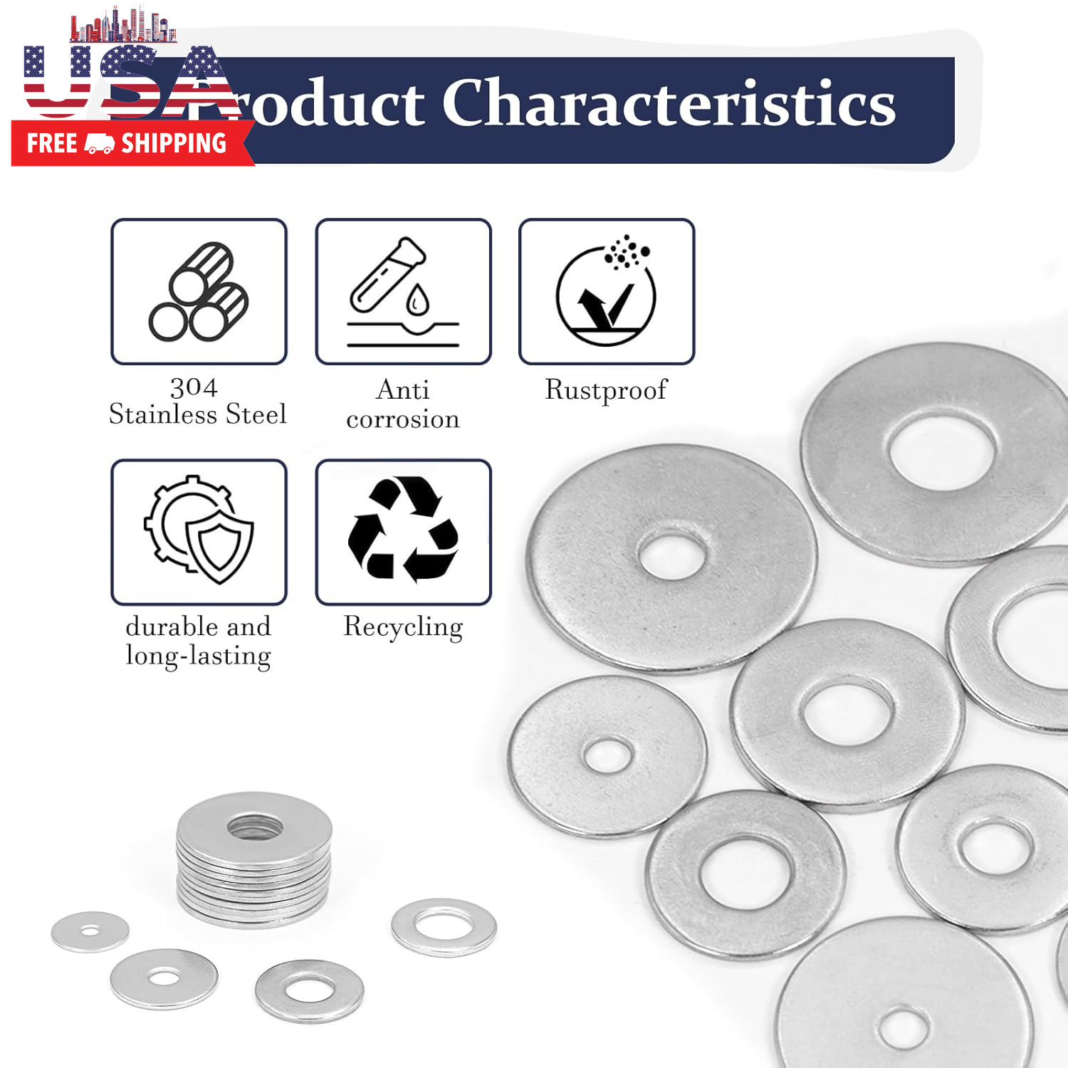 290Pcs Flat Washers, 304 Stainless Steel Fender Washers Assortment, 15 Different