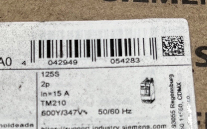 Siemens 3VA4195-4ED24-0AA0 15A 2p 600Y/347V Molded Case Breaker