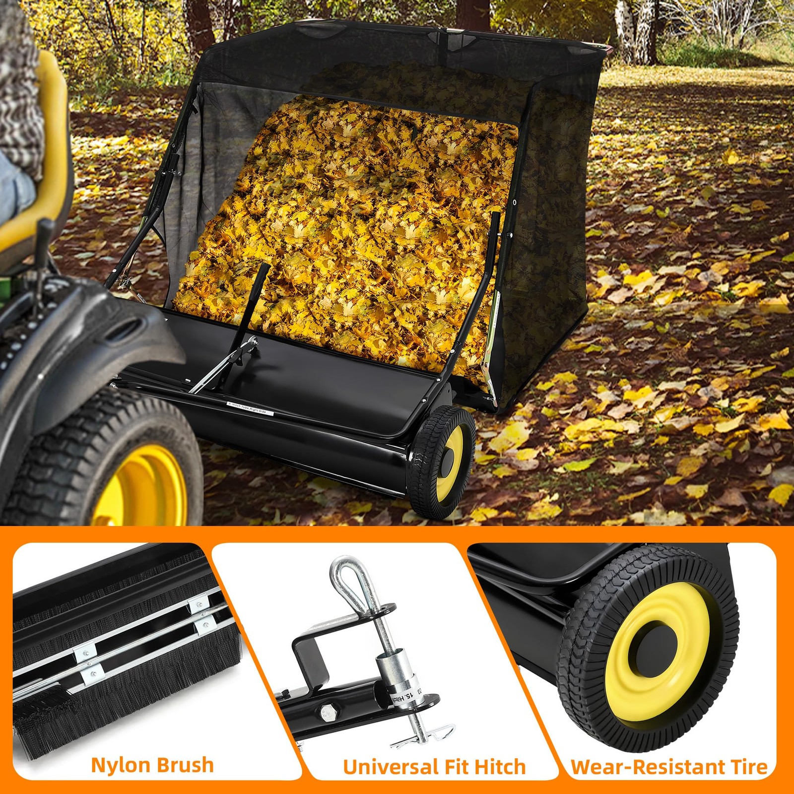 44″ Tow Behind Lawn Sweeper Leaf Collector Sweeper for Lawn Grass Sweeper Hopper