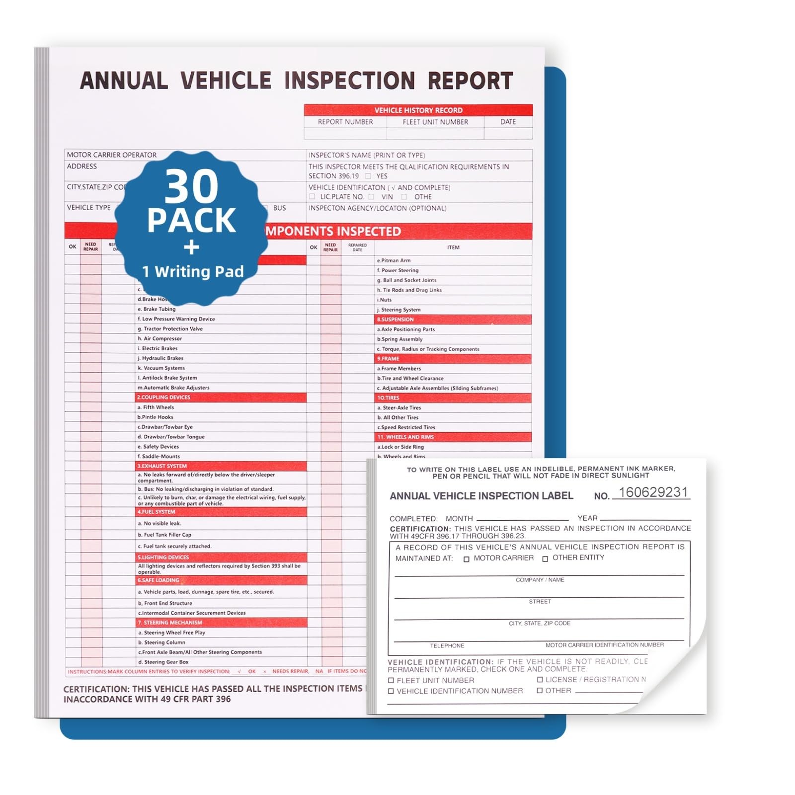 Annual Vehicle Inspection Report Form 3-Ply Carbonless DOT Vinyl 30PK
