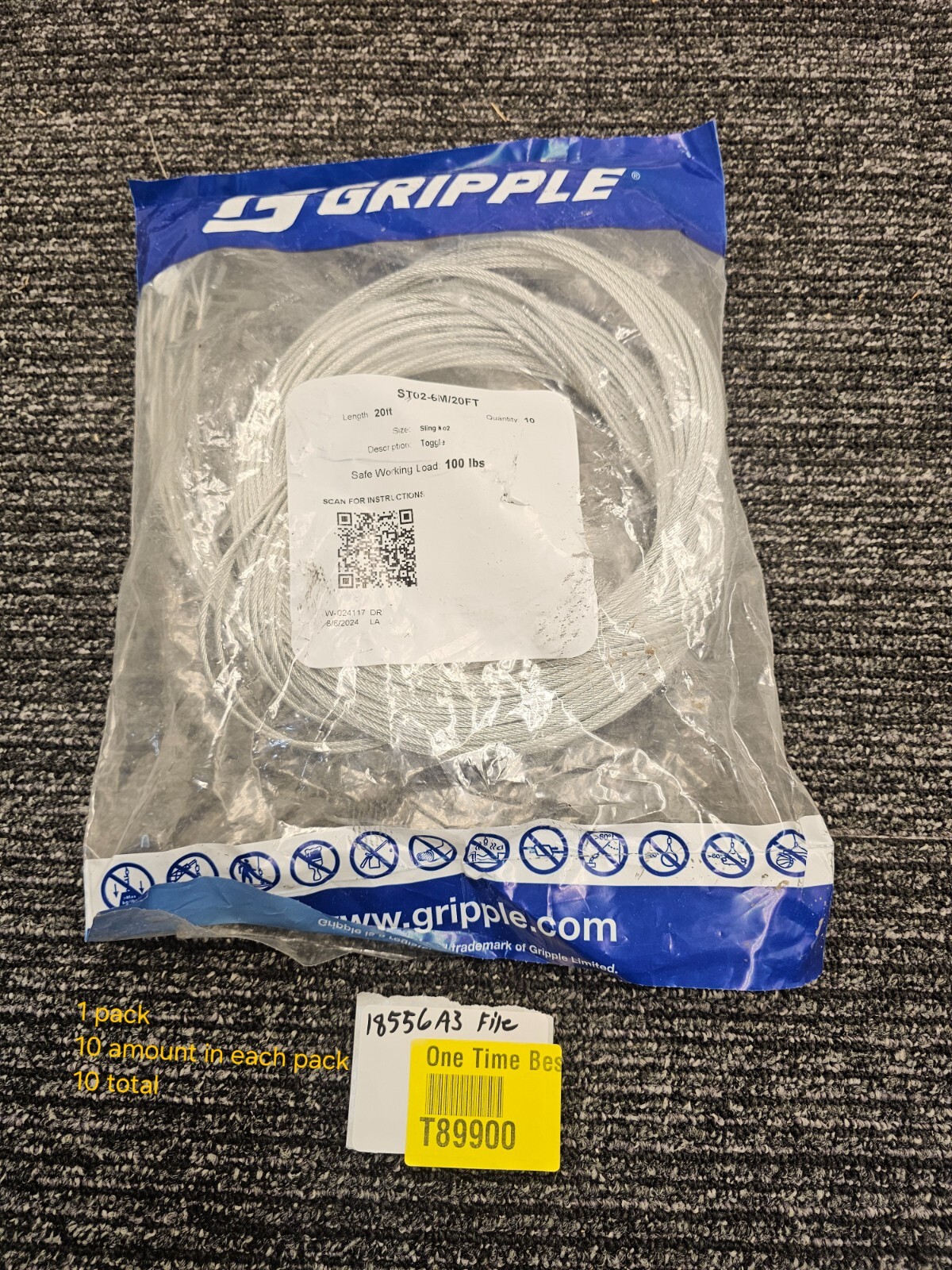 (QTY 10) GRIPPLE ST02-6M/20FT #2 Max. Safe Working Load 12 lbs 20′ Toggle 5/16″
