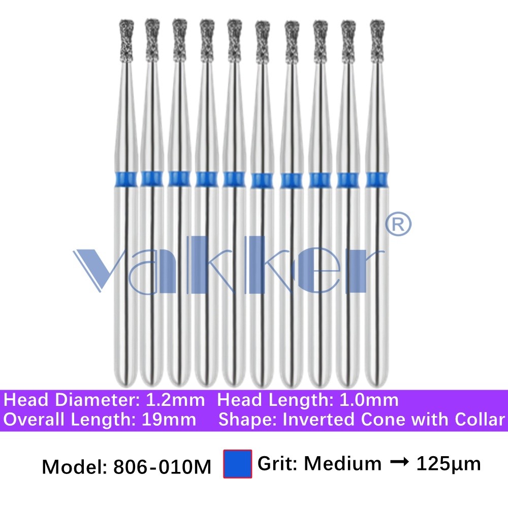 10/Pk Dental Inverted Cone Diamond Burs 806-010M Friction Grip for High Speed