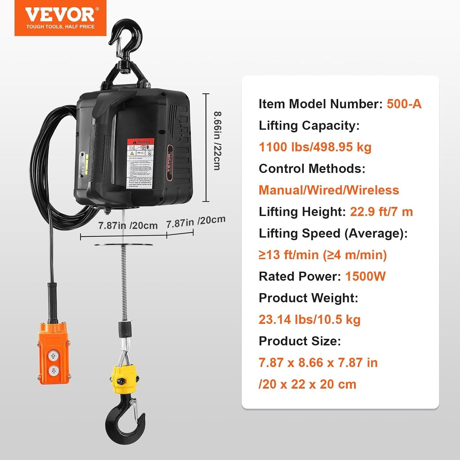 1500W 3-in-1 Electric Hoist Winch – 1100 lbs Capacity, Wireless & Wired Remote