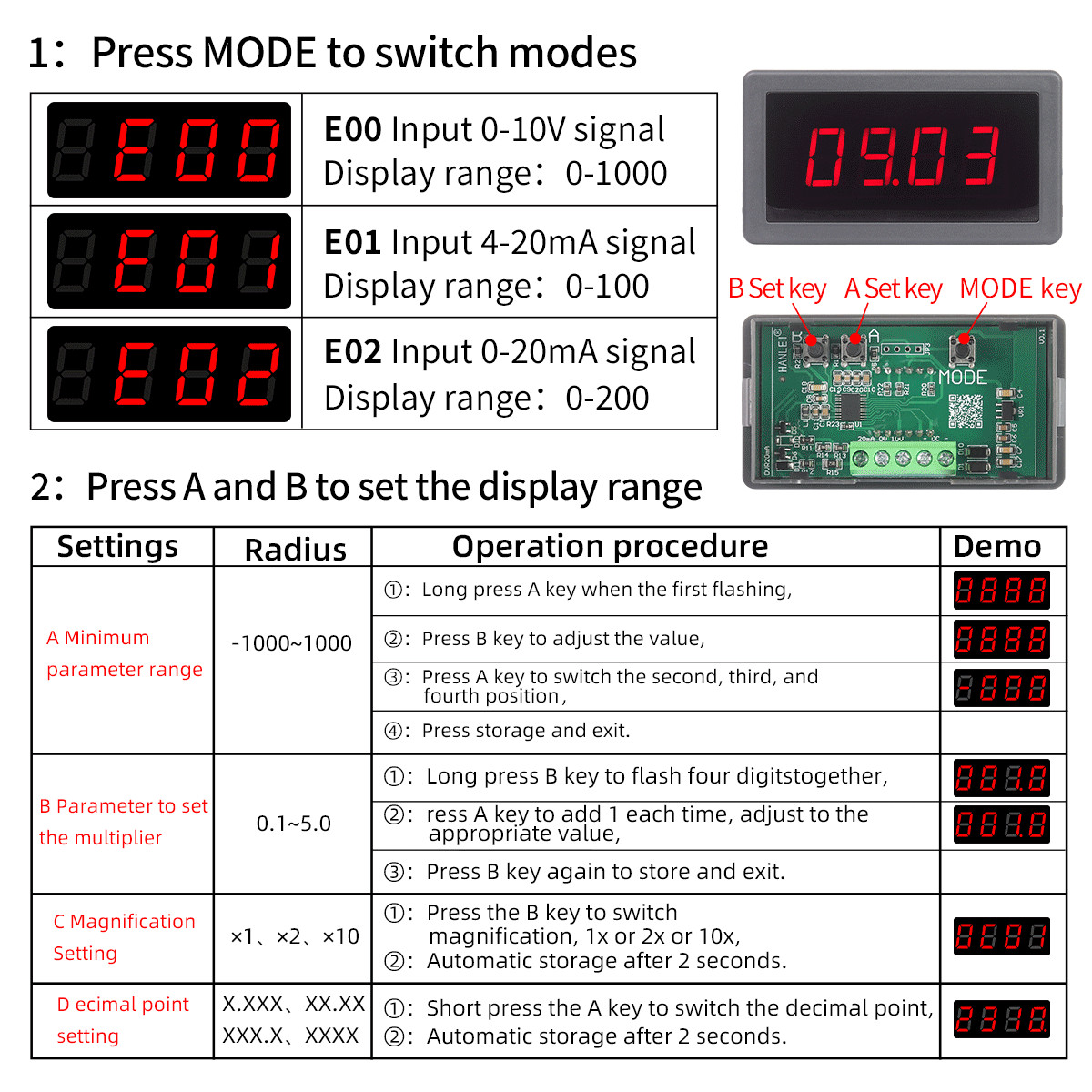 Digital Display 0-10V 4-20mA 0-20mA Voltage Amps Anglog Input Meter For Sensor