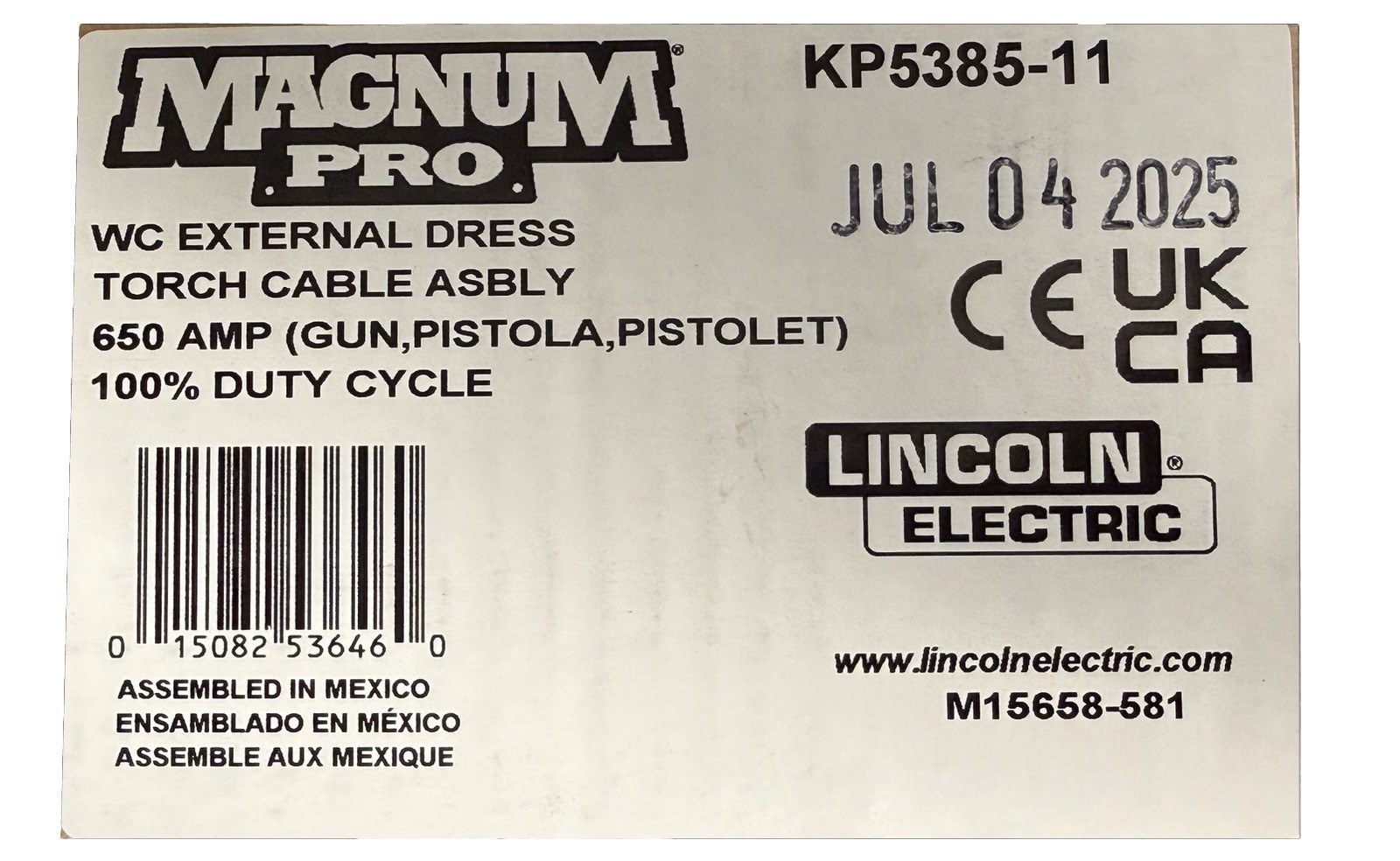 Lincoln KP5385-11 WC EXTERNAL DRESS TORCH CABLE ASBLY 650 AMP 100% Duty Cycle.