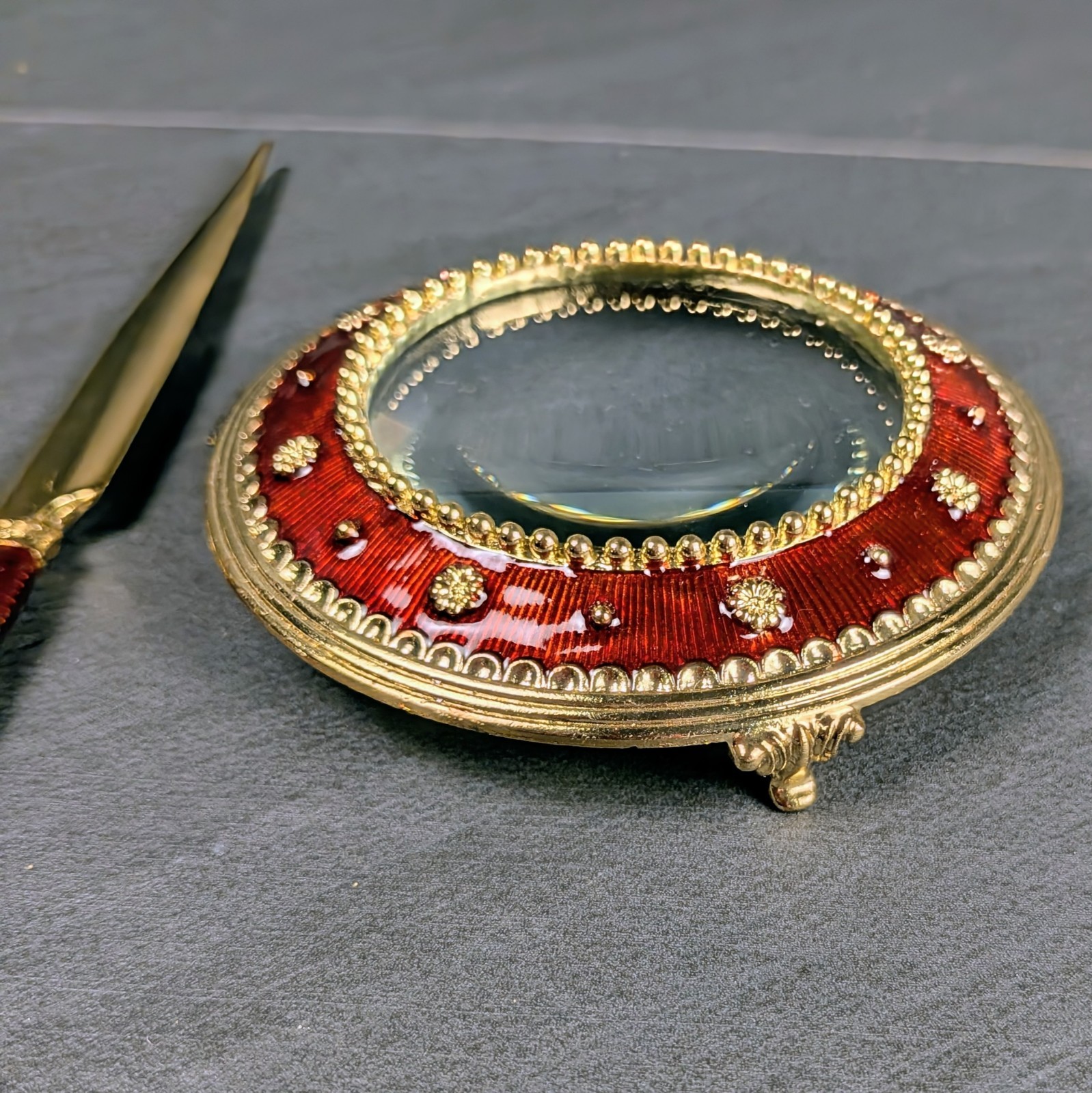 Vintage Bombay Co Red Enamel Magnifying Glass Letter Opener Set Boxed