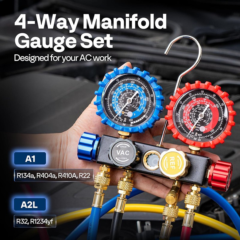 HVAC 4 Way Manifold Gauge Set with R134a R1234yf Quick Couplers and Can Taps