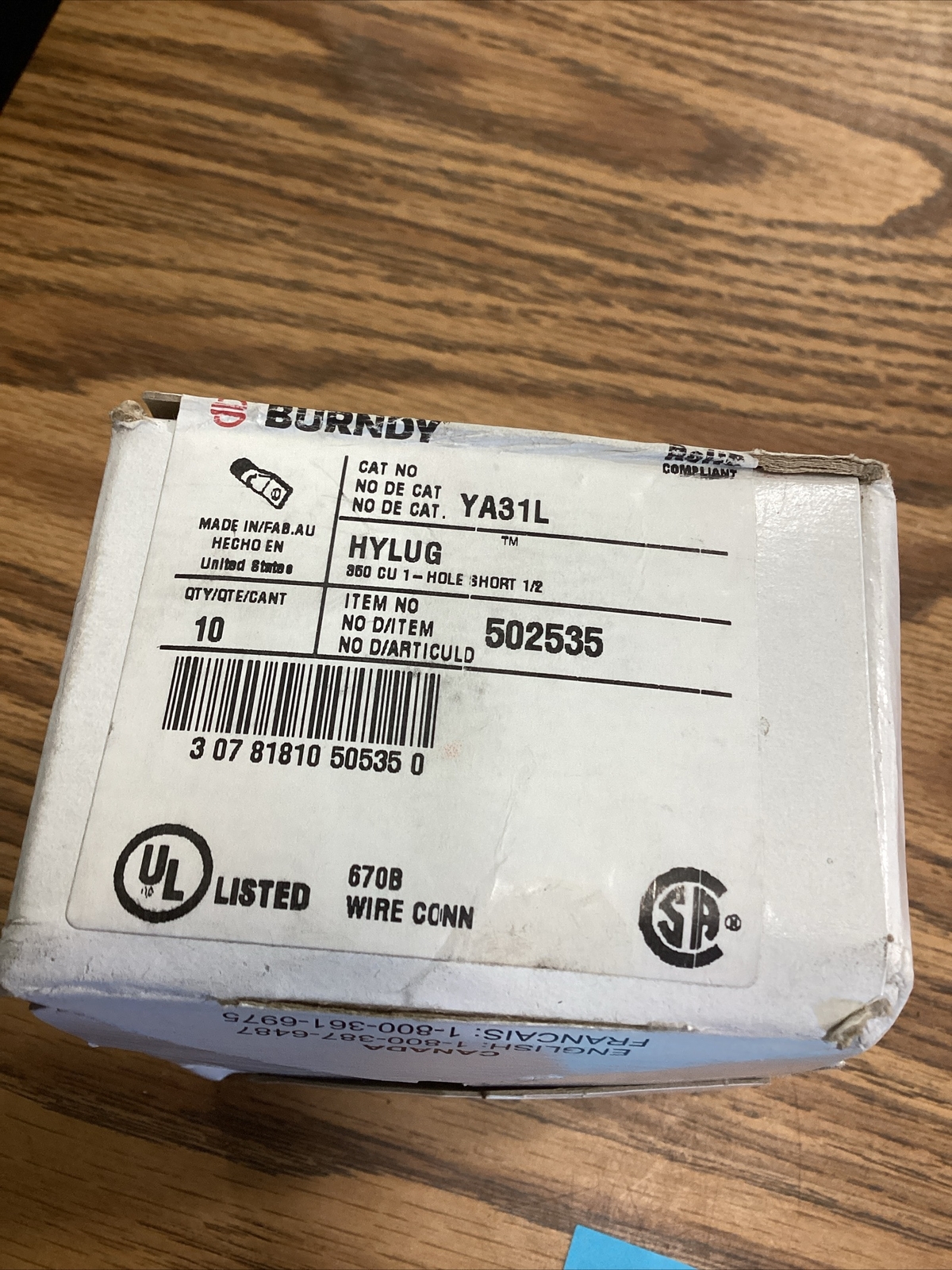 Box Of 10 BURNDY YA31L COPPER CRIMP LUG 350 MCM 1 HOLE 1/2″ SHORT BARREL RED DIE