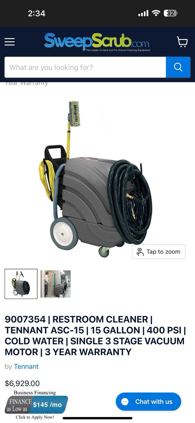 Tennant ASC-15 COMMERCIAL CLEANING MACHINE 400 PSI 15 GAL EXTRACTOR UNDER 1 HR