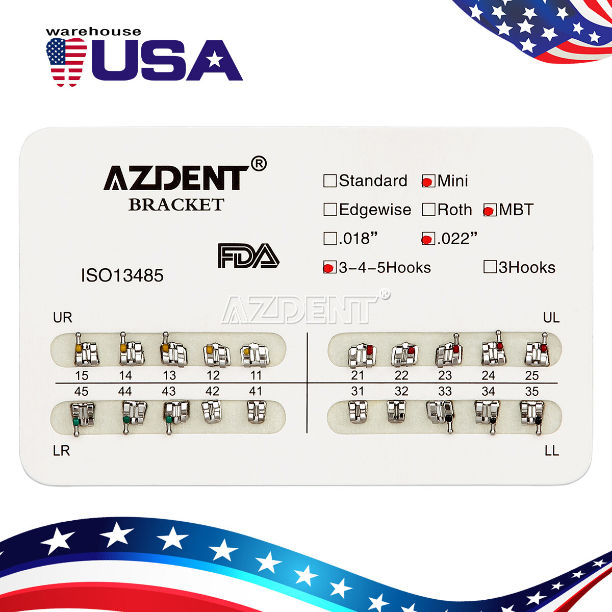AZDENT Dental Orthodontic Bracket Braces Mini MBT 022 3-4-5 Hooks 20Pcs/Pack