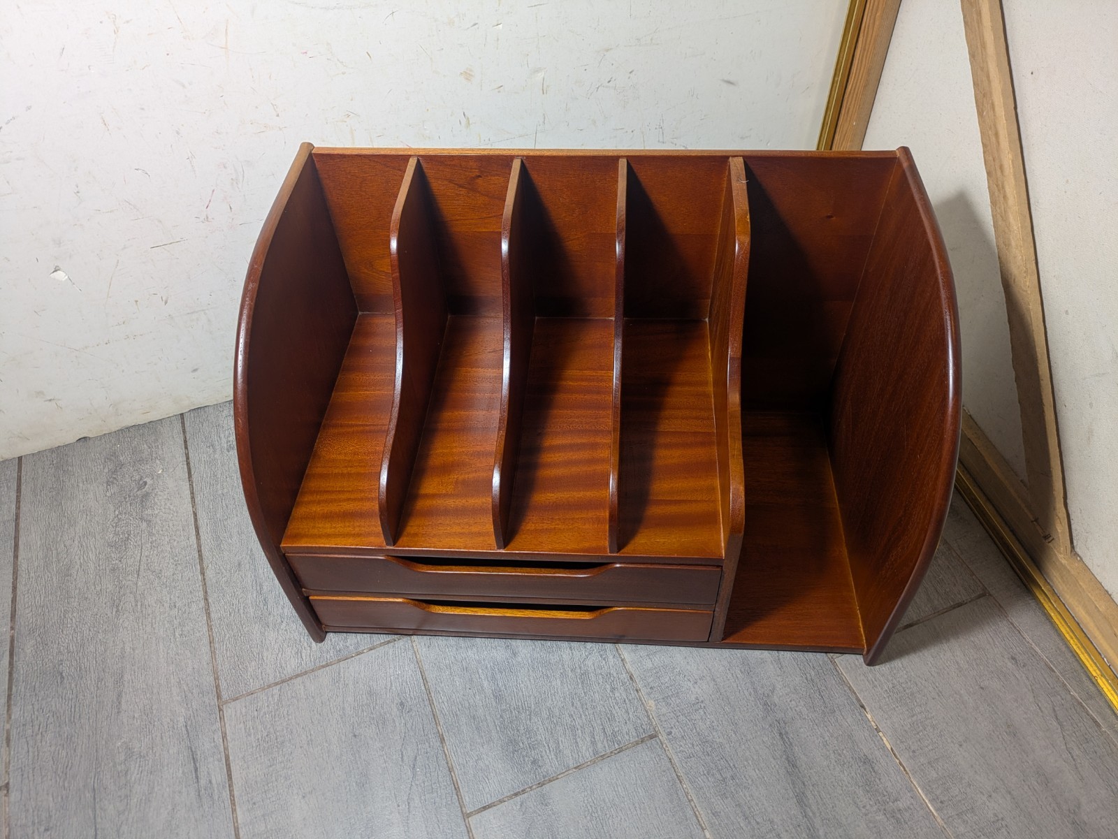 Vintage Mid Century Danish Modern Mahogany Wood Desk Organizer Mail Sorter H66