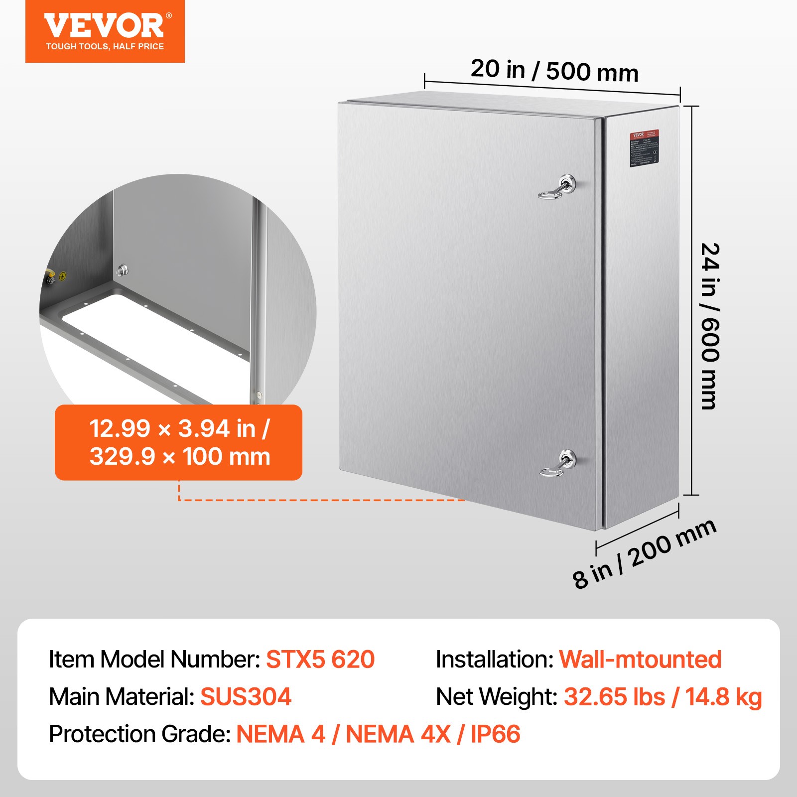 VEVOR 12» 16» 20″ 24» Stainless Steel Electrical Enclosure Junction Box IP66