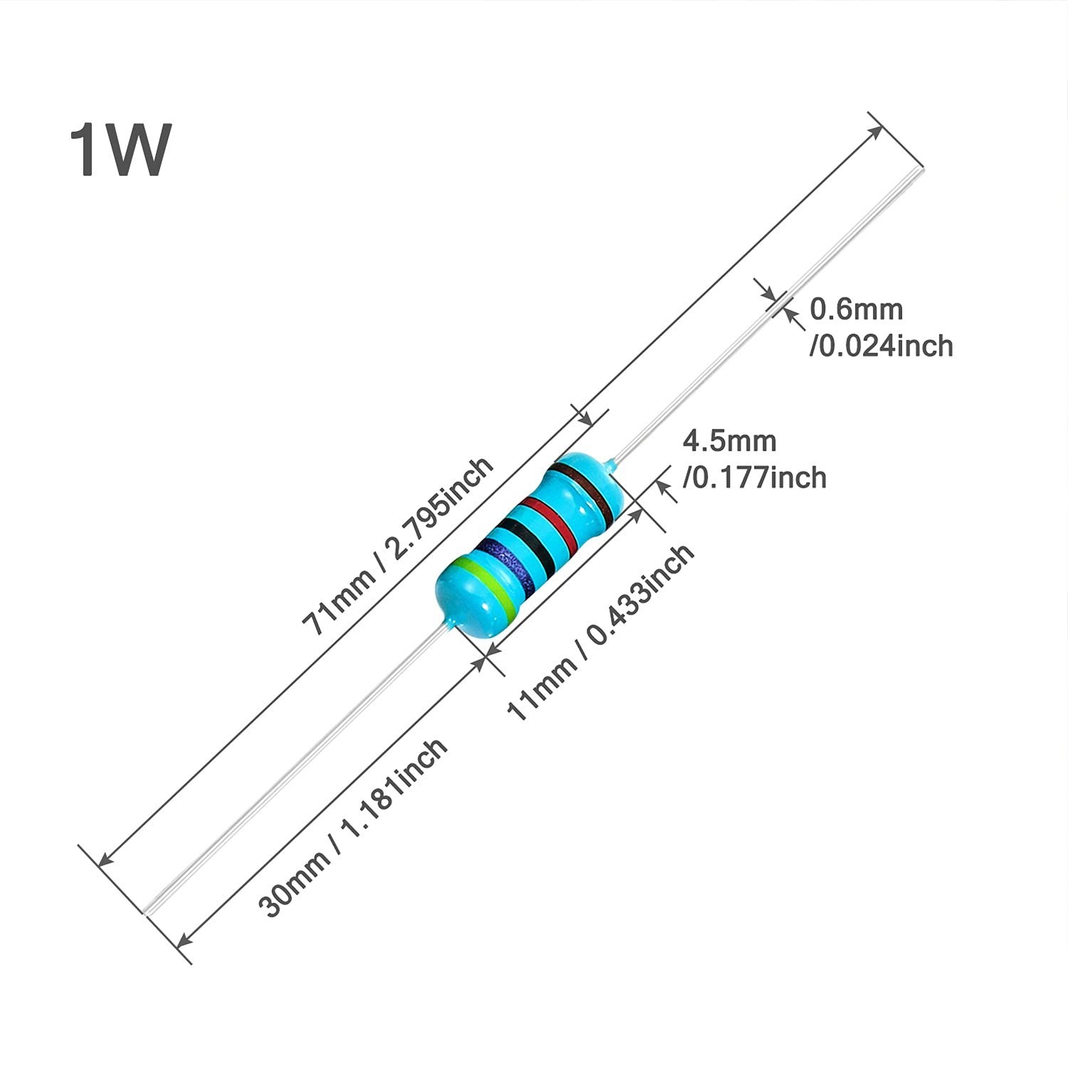 50pcs 1W 560 Ω ohm Metal Film Fixed Resistor 0.01 ±1% Tolerance 560R MF Throu…