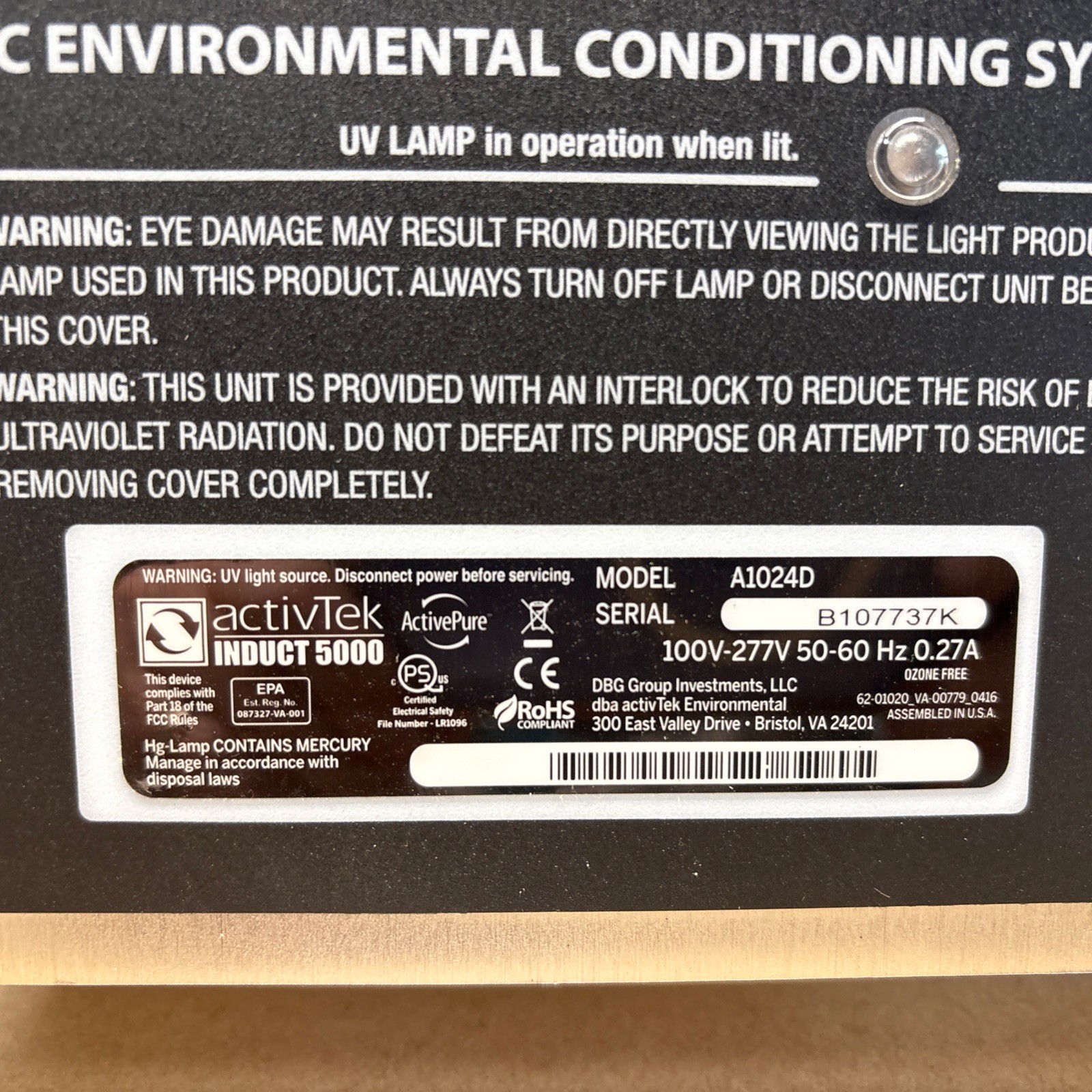 ActivTek A1024D Induct 5000 HVAC Environmental Conditioning Systems US40664B