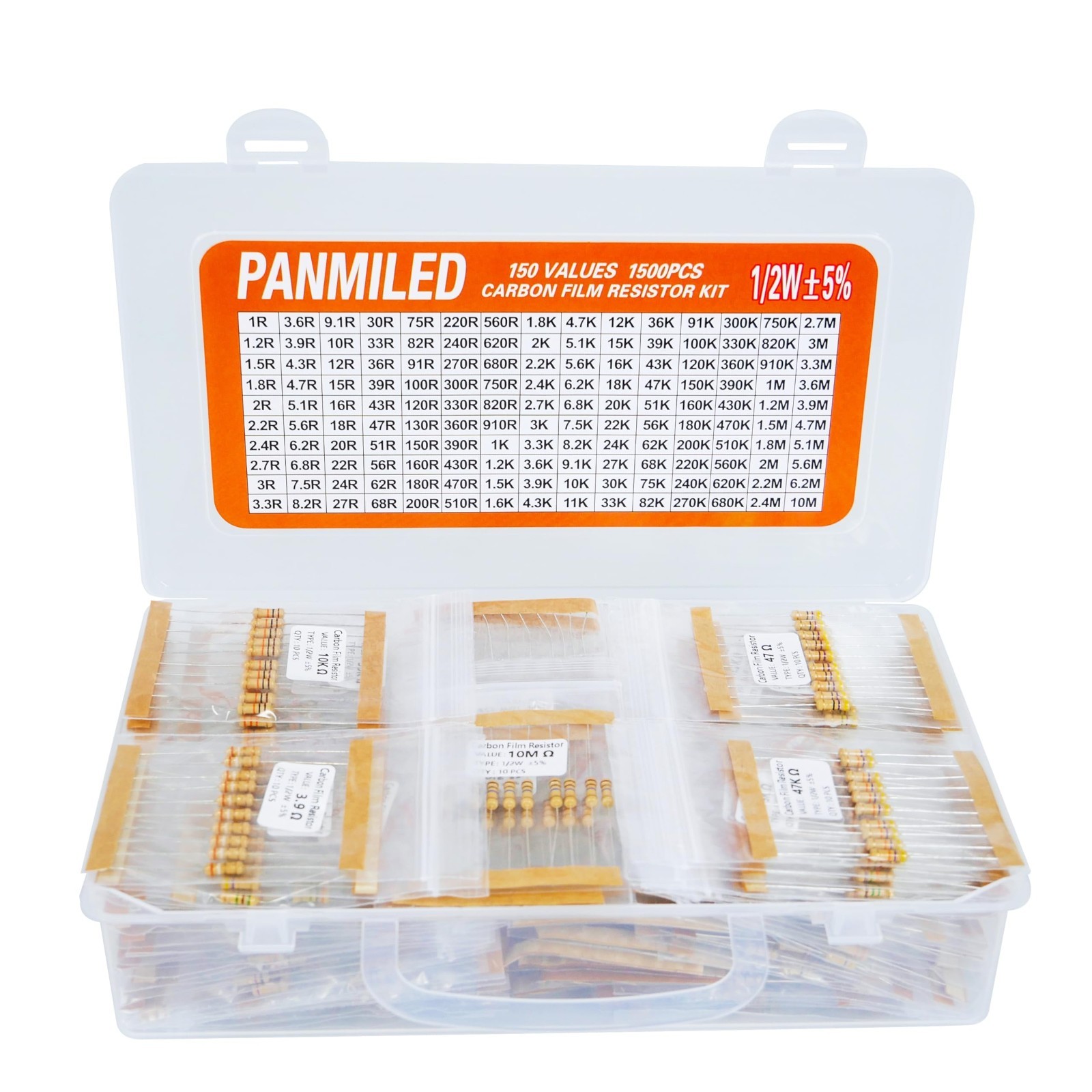 1500-Piece Carbon Film Resistor Kit 1Ω-10MΩ 0.5W 5% Assortment for Electronics