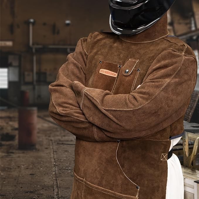 Heat Resistant Leather Welding Apron with Sleeve & 6 Pockets, Brown