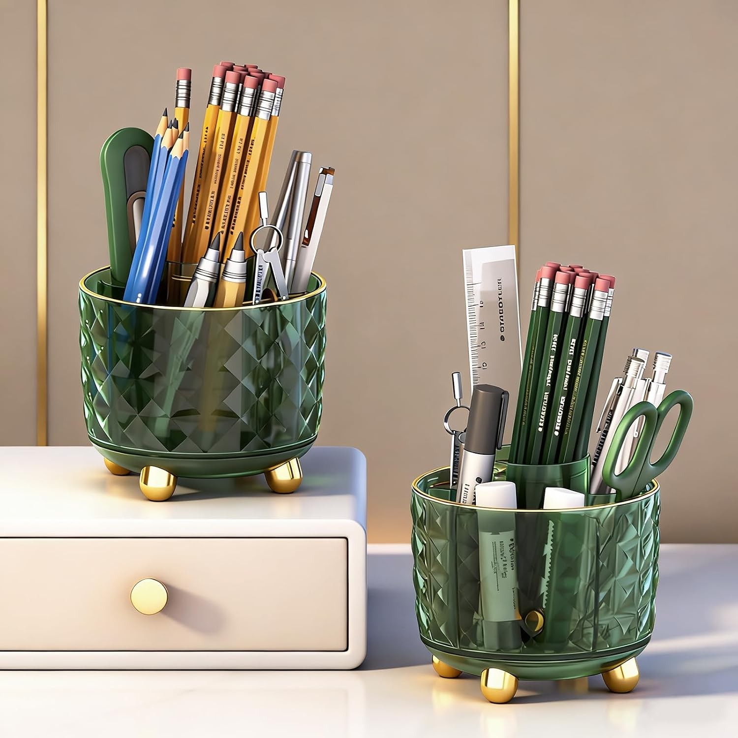 Dark Green Pen Pencil Holder for Desk, 360° Rotating Pen Organizer, Green Office