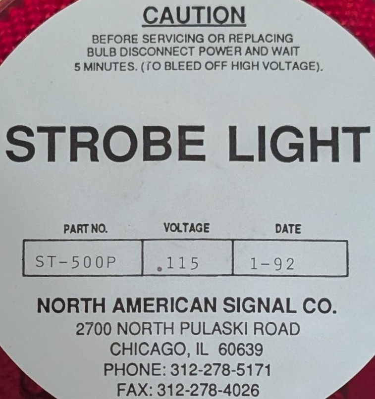 1992 North American Signal Co. Red Lens STROBE LIGHT # ST-500P 115 Volt Tested