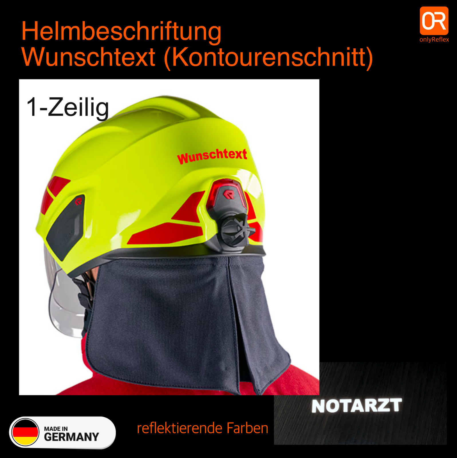 Helmbeschriftung «Wunschtext» Konturenschnitt – 1-zeilig, reflektierend