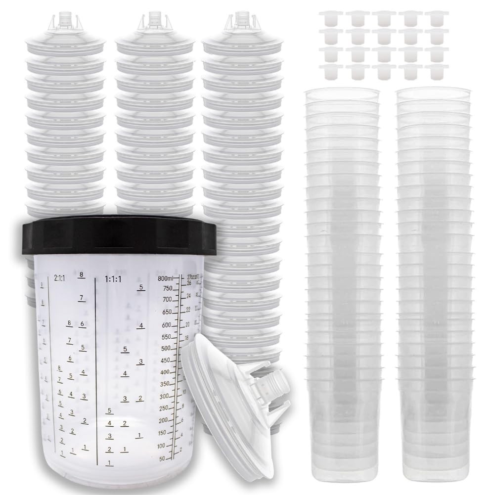 LAUCO Disposable Spray Gun Paint Cups Kit – 50 Pack Liners & Lids with 125