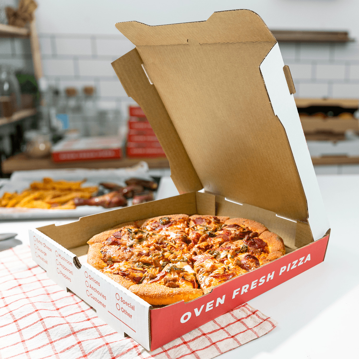Karat Corrugated Pizza Box, 12”x12”x2”, Generic Print – 50 pcs, FP-PBF12WG