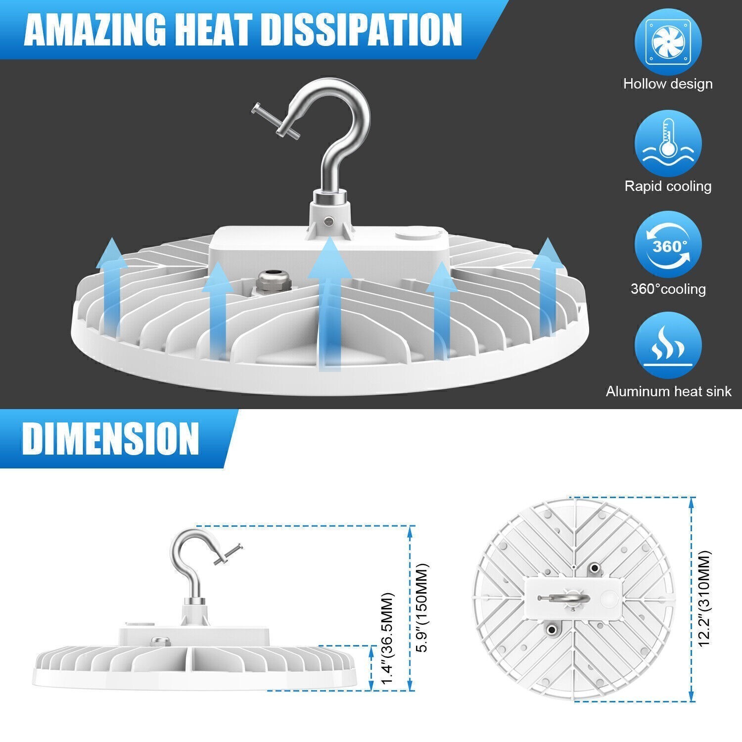 6Pack 150W UFO Led High Bay Light Commercial Warehouse Shop Fixture 22,500LM