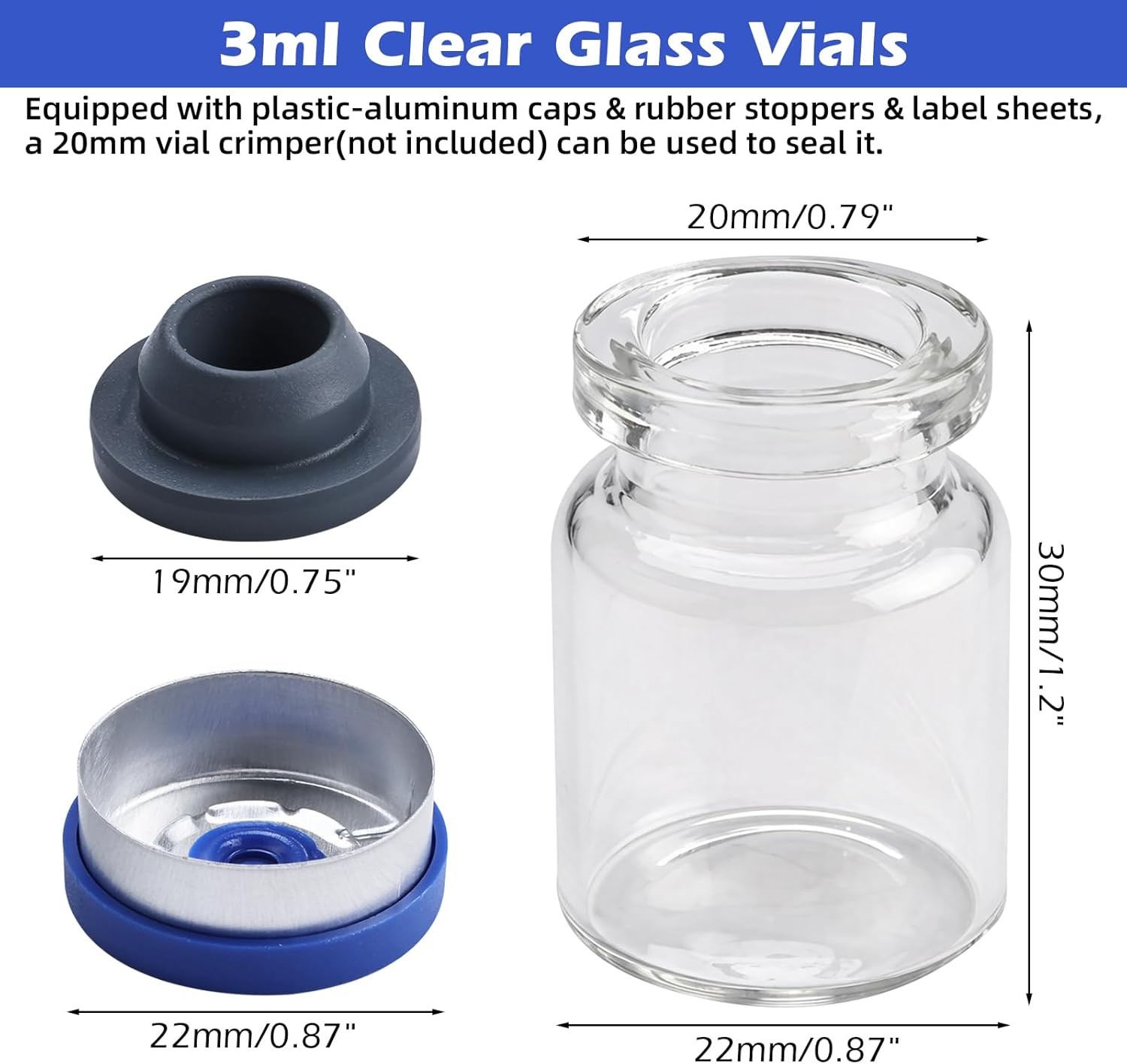 100pcs 3ml Vials-Glass Clear Bottom Headspace Vial with Plastic-Aluminum Fli…