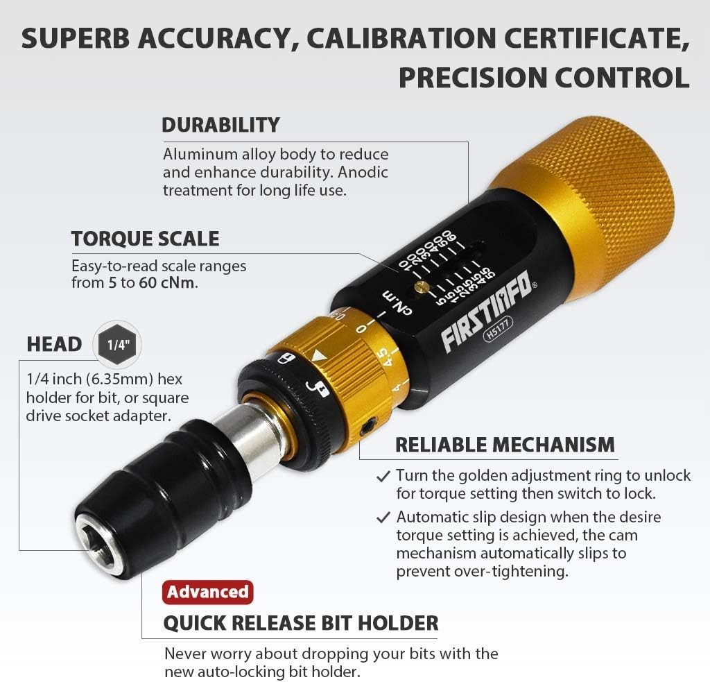 Precision Torque Limiting Screwdriver: 0.44-5.31 in-lb Range, Quick-Release