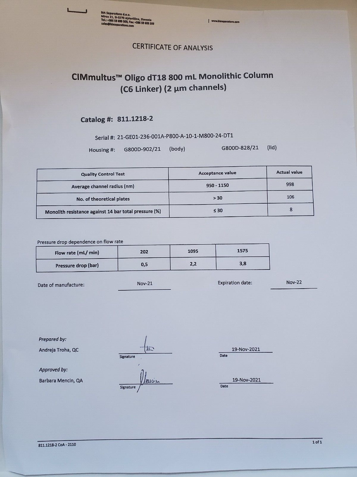 CIMmultus Oligo dT 18 800mL Monolithic Column (C6) Sartorius BIA Separations