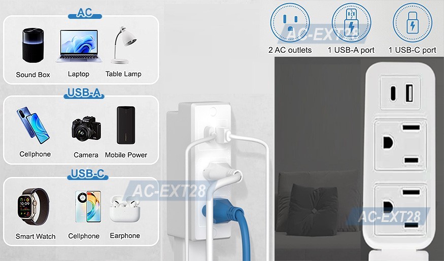 AC Wall Outlet Extender Rotational Stick With 2 AC Outlets 2 USB Ports Max 28″