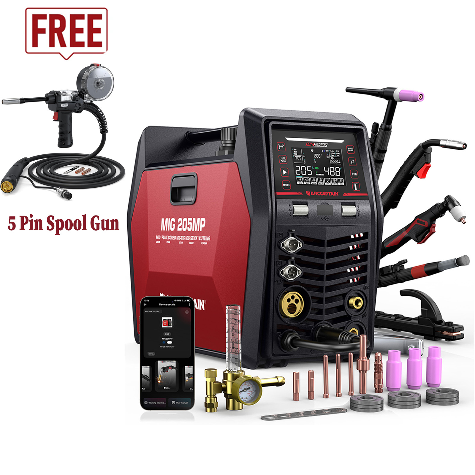 ARCCAPTAIN MIG205MP MIG Welder 9 IN 1 Plasma Cutter/Pulsed MIG/TIG & Spool Gun