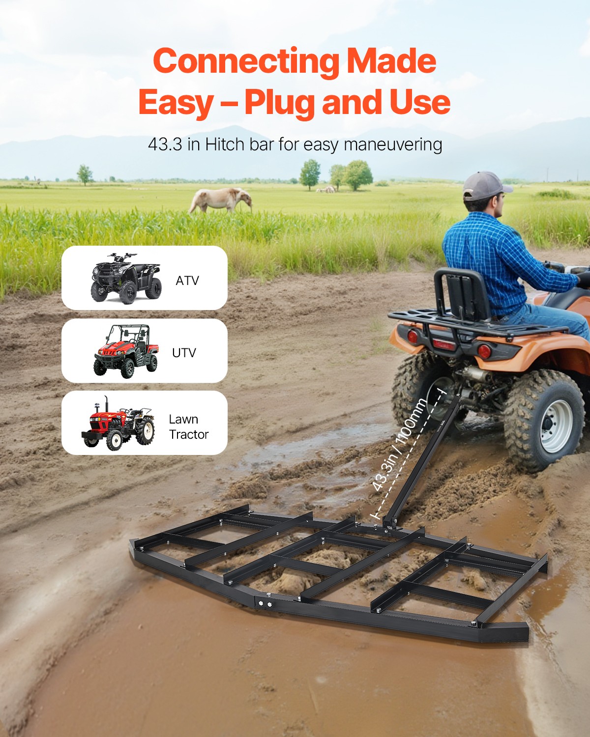 VEVOR Drag Harrow 84″ Width Tow Behind Drag Harrow Steel Gravel Grader ATV UTV