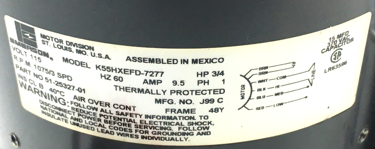 EMERSON K55HXEFD-7277 Blower Motor 51-25327-01 3/4HP 115V RPM 1075/3SPD #CMP444