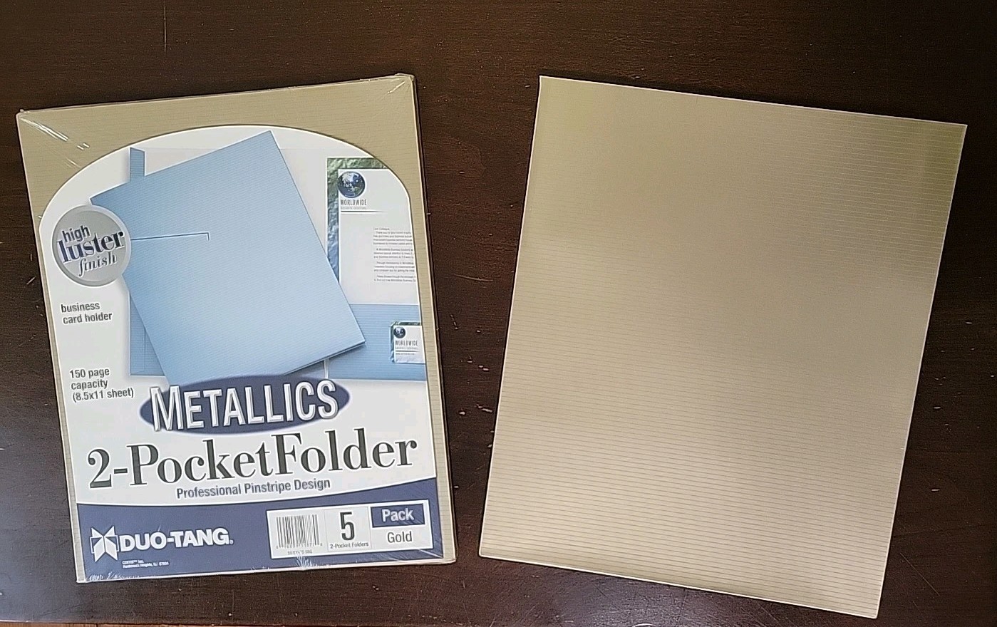 DUO-TANG 2-Pocket Folder-Metallic Gold Pinstripe-150 pages-High Luster 5-pack LN