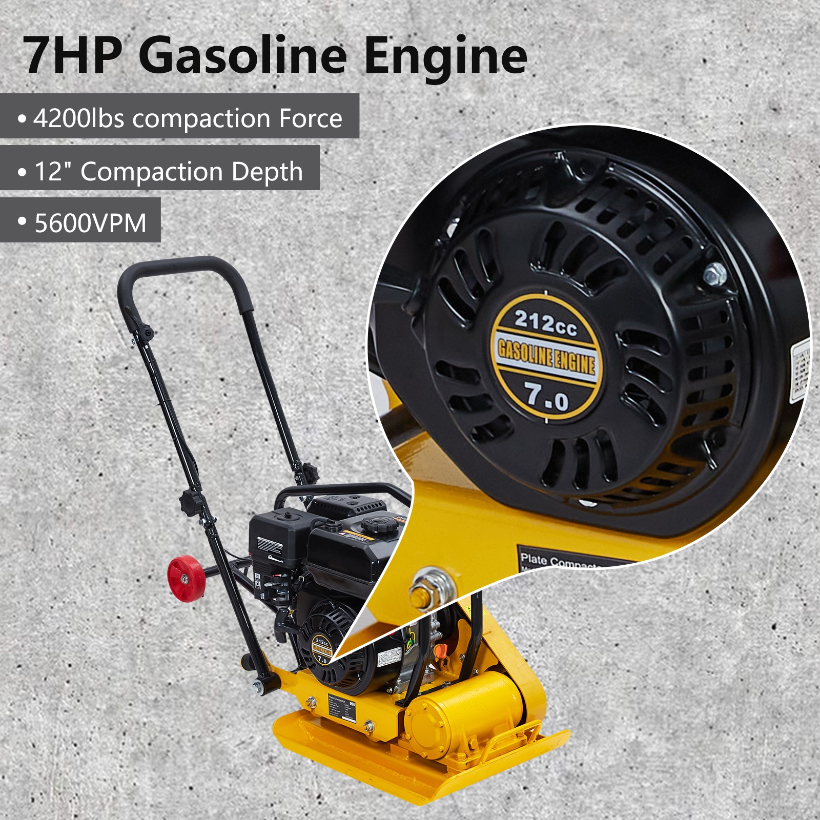 7HP Plate Compactor 212CC Gas Engine 4200lbs Compaction Hammer Jump Jack 5600VPM