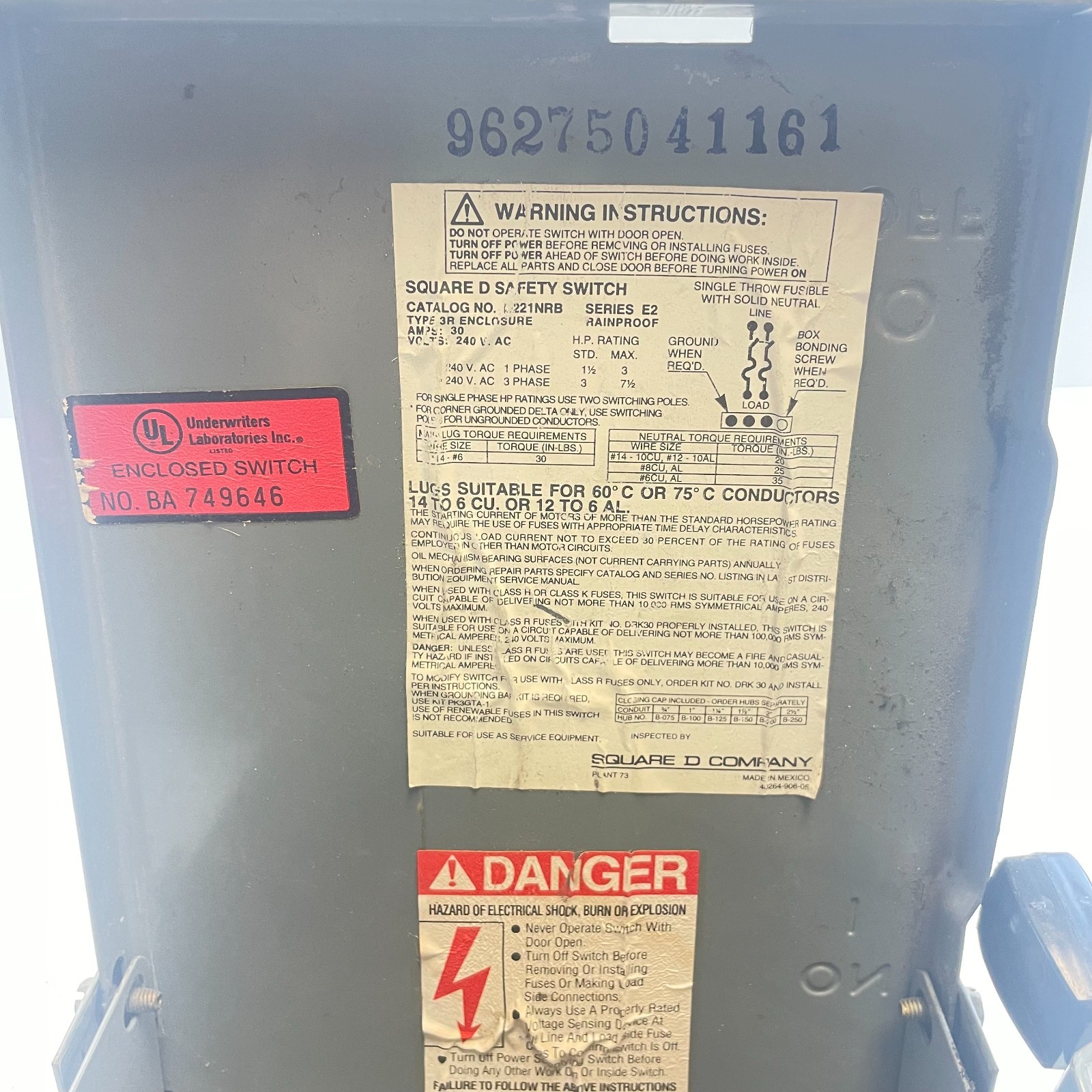 SQUARE D D221NRB SAFETY DISCONNECT SWITCH SERIES E2 3R ENCLOSURE 30AMP 240V 60HZ