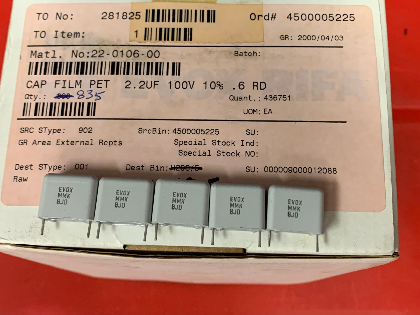 5x MMK15225K100L4 EVOX RIFA CAPACITOR FILM 2.2uF 100V 10% .6 RADIAL