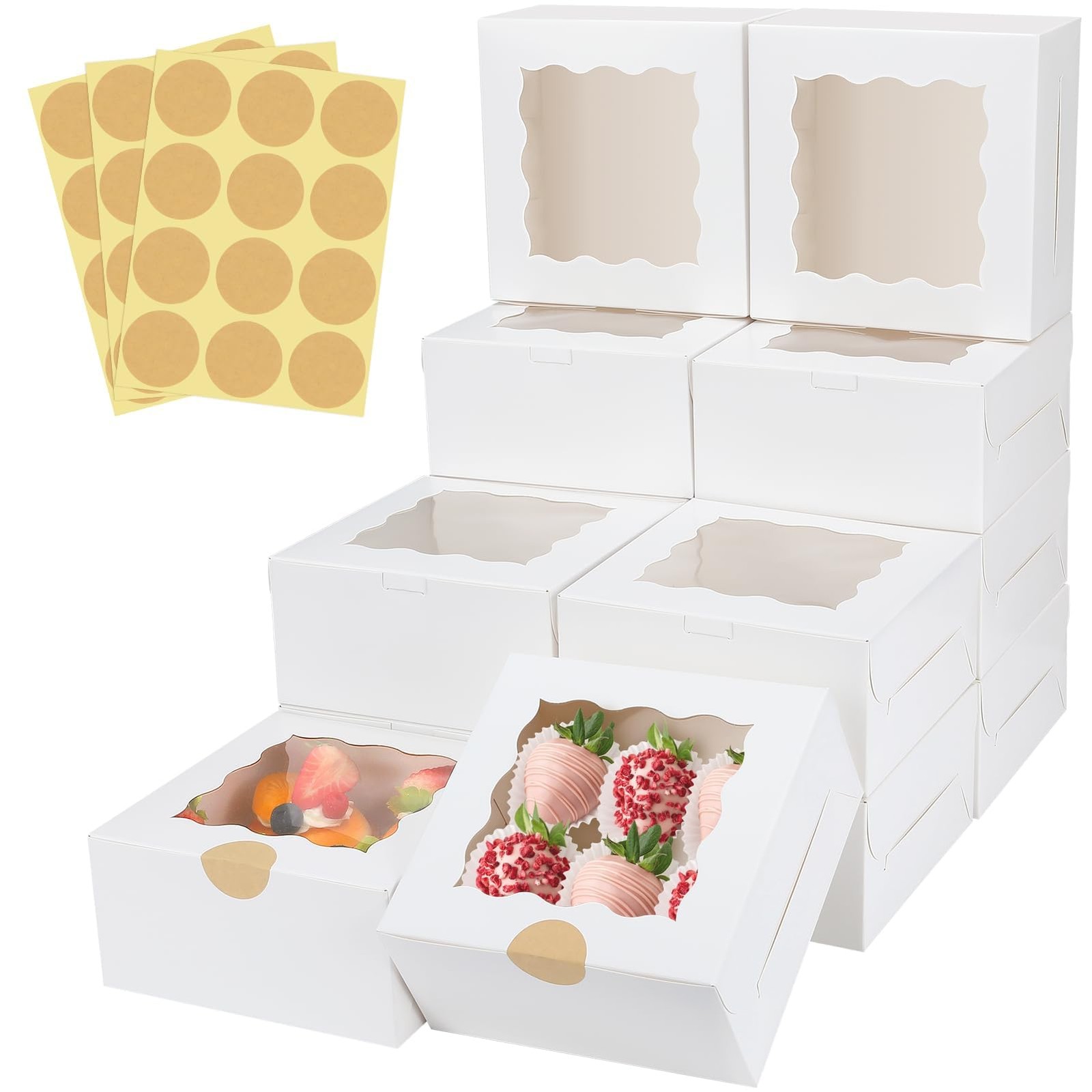 HawHawToys 60 Pcs Bakery Boxes with Window, 6 x 6 x 3 Inches, Large, White