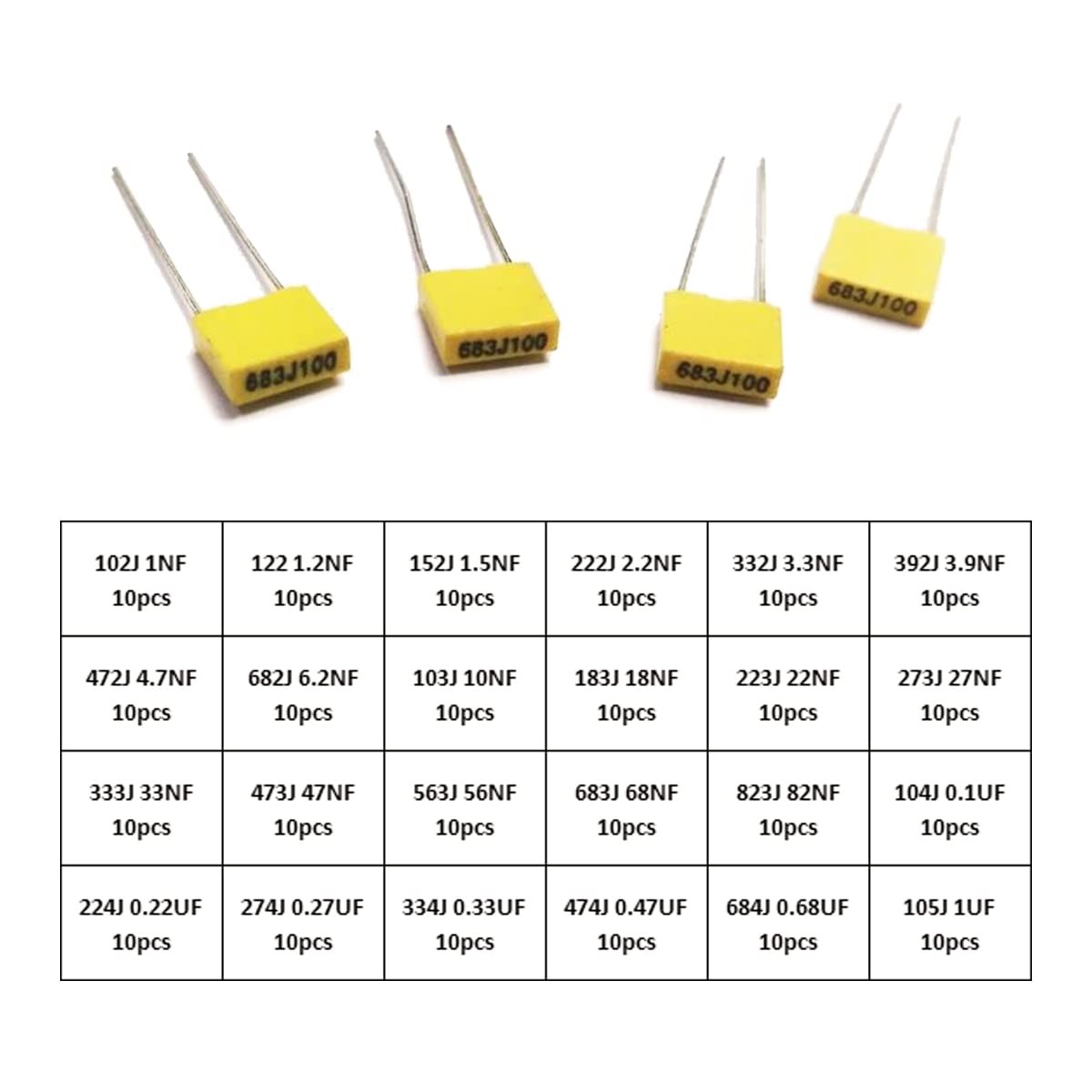 240 PCS Film Box Capacitor Assortment Kit 24 Values 1nF-1uF Polyester MKT