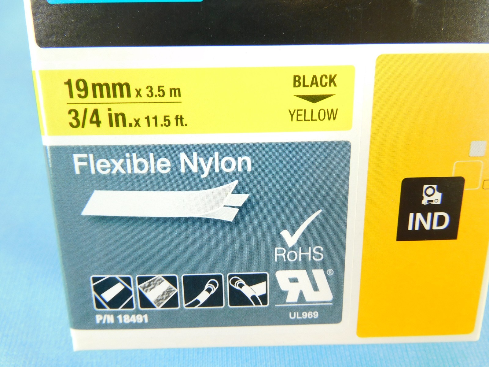 Dymo Rhino 18491 Yellow Flexible Nylon Tape 3/4″ Black Text on Yellow 11.5 Feet